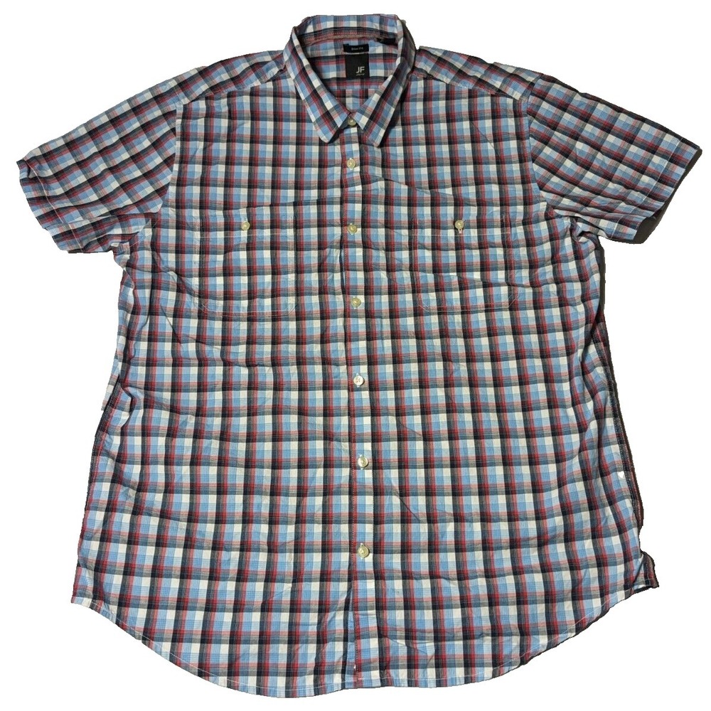 JF J. FERRAR SLIM FIT Men Size 2XL (18-18 1/2) Blue Red White Plaid Button Shirt